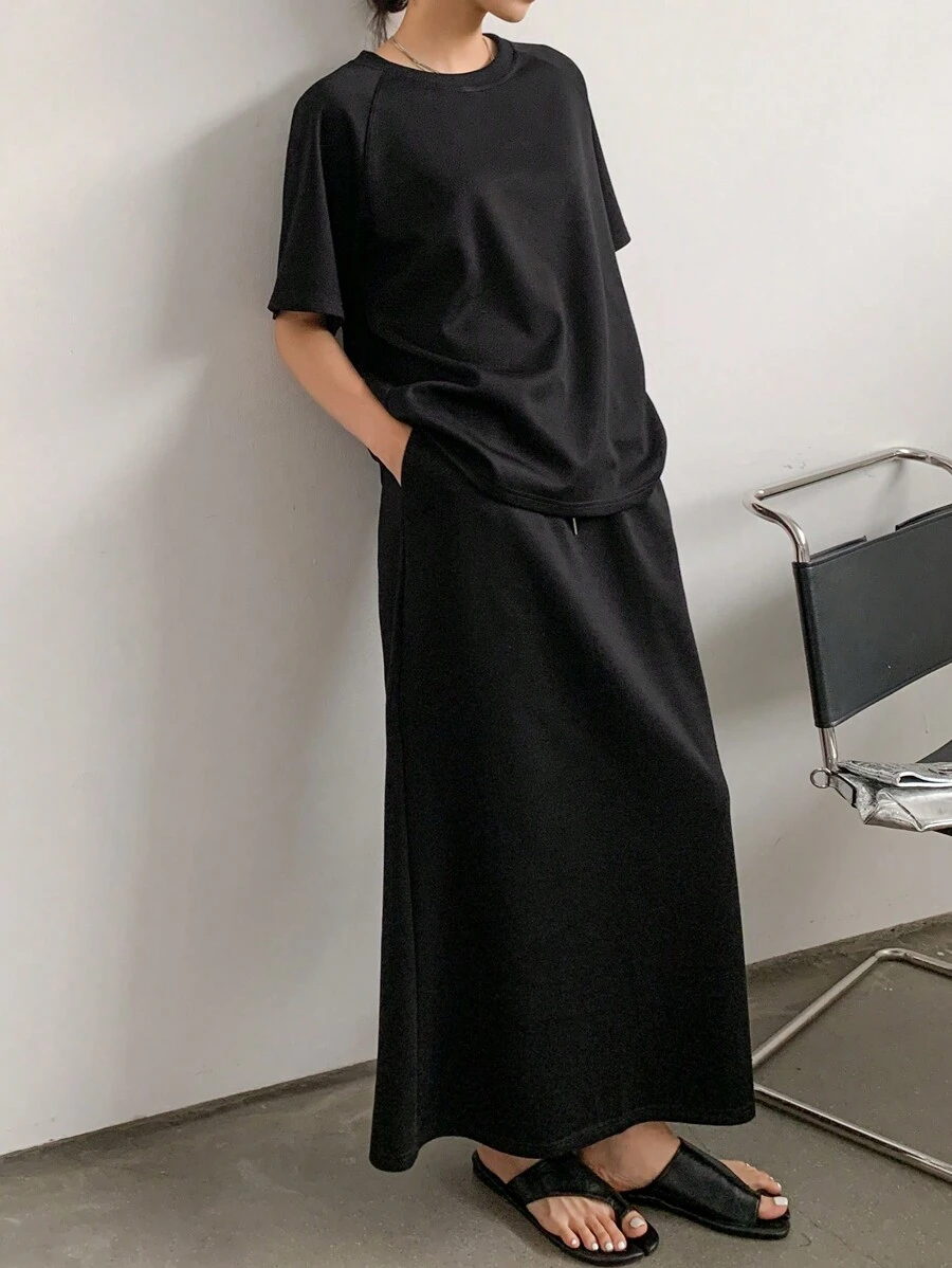 Dazy-Less 宽松简约纯色两件套女士休闲套装老款商务休闲女装 - 黑色 - 查看 1