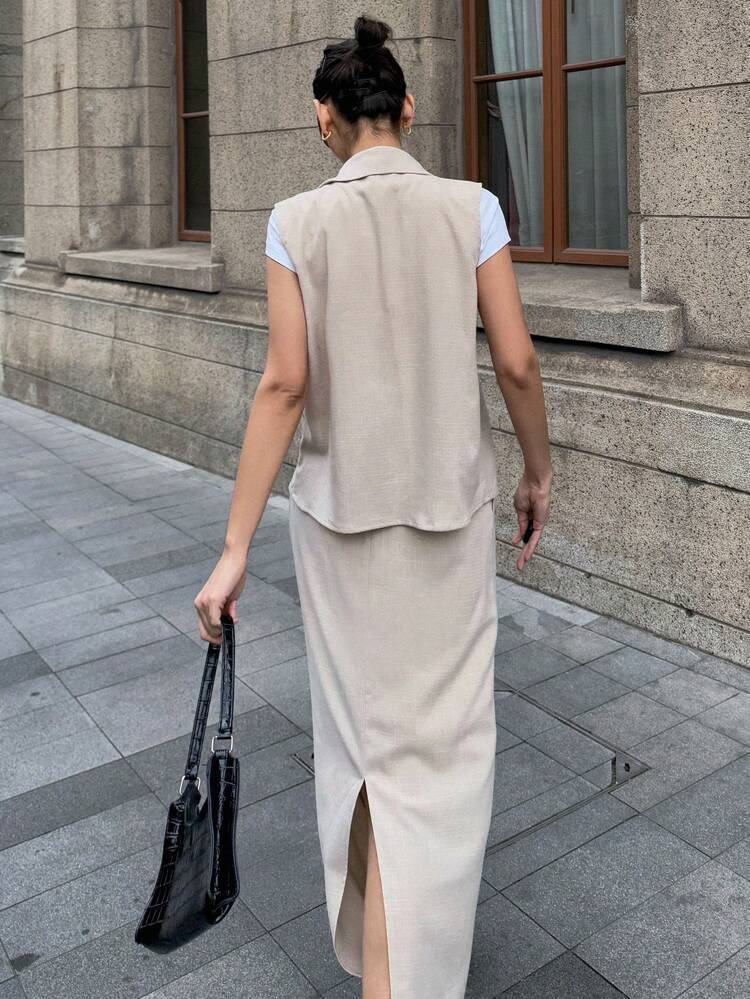 2pcs Spring/Summer Casual Set: Fitted Sleeveless Blouse And Long Skirt For Women,Fall Clothes