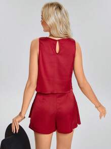 SHEIN LUNE 2pcs Women Casual & Commuting Asymmetrical Tiered Crop Top & Mini Skirt/Shorts Set - Red - View 6