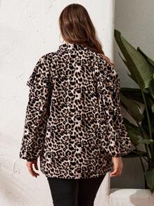SHEIN LUNE Plus Size Fashionable Leopard Print Patchwork Open Shoulder Bell Sleeve Blouse - Beige - View 2