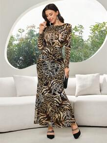 Modelyn Women's  Elegant Sexy Pile Collar Leopard Print  Cheetah Print  Long Sleeve Top, Fish Tail Slim Skirt Two-Piece Set, Spring,  Festival  Valentine's Day - Multicolor - View 3