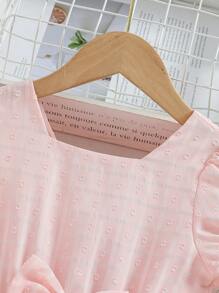 SHEIN 1pc Young Girl Elegant Pink Plaid Jacquard Fabric A-Line Dress With Cinched Waist Bow, Suitable For Vacation And Outings, Summer - Pink - View 4