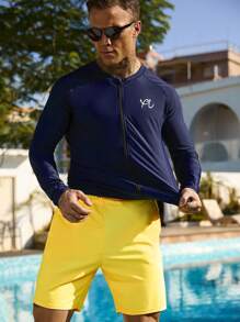 Manfinity Swimmode 2pcs/Set Men Letter Print Zip Front Long Sleeve Top And Shorts Swimsuit Set