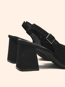 CUCCOO BASICS 女士时尚黑色后带粗跟尖头弹性针织舒适透气休闲/工作/派对/度假鞋