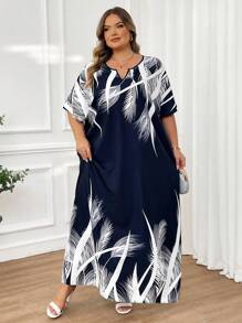 SHEIN CURVE+ Spring And Summer Autumn And Winter Elegant Navy Blue Woven Notched Kaftan Dress Plus Size Dresses - Navy Blue - View 9