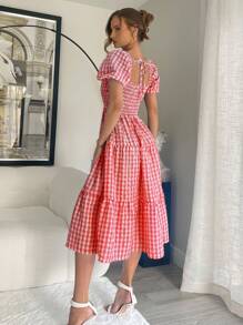 SHEIN Essnce Women's Puff Sleeve Mid-Length Dress, Blue And White Check Hawaiian Dress Flowy Dress Country Dress Summer Women Dresses - Red and White - View 2