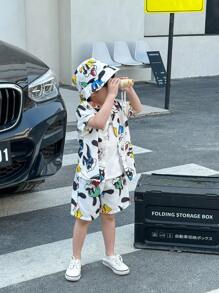 3 件装年轻男孩可爱休闲兔子短袖衬衫短裤渔夫帽三件套适合年轻男孩服装，适合年轻男孩服装。适合日常锻炼、上学、居家、日常穿着，适合日常使用，适合校服，适合旅行，适合运动，适合春夏季节。