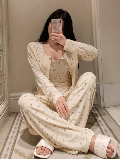 DAZY 3件套女士碎花吊带背心、纽扣门襟上衣和裤子睡衣套装，春、秋、冬装