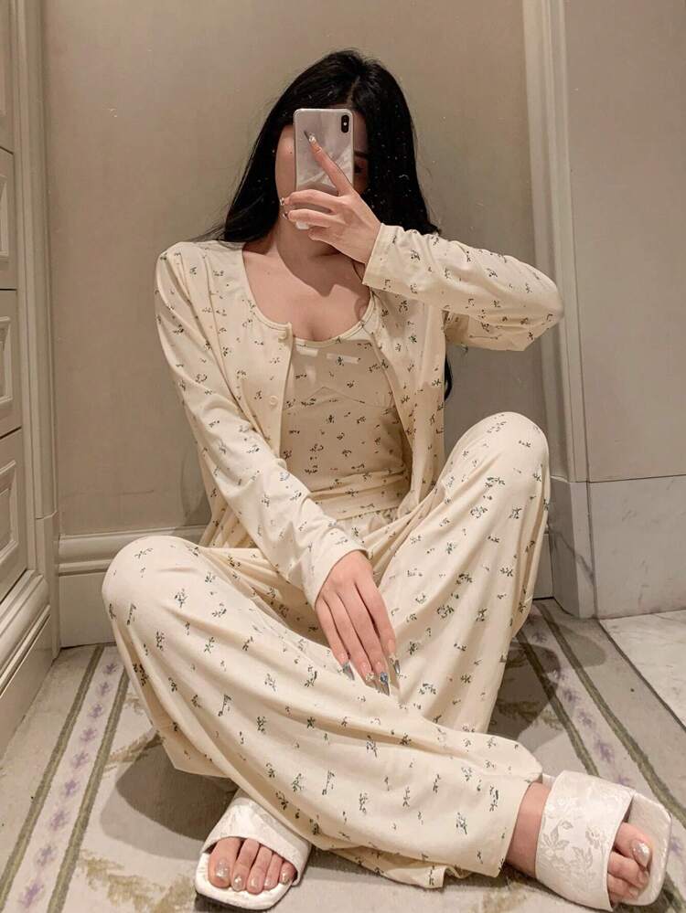 3pcs Set Women Ditsy Floral Cami Top & Button Placket Top & Pants Pajamas Set, Spring, Fall Winter Clothes