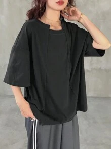 FRIFUL 女士圆领纯色短袖宽松T恤，休闲日常穿着超大T恤 - 灰色 - 查看 6