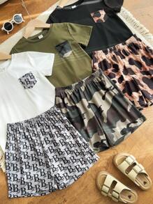6pcs/Set Young Boys Casual Funny Cute Patchwork Print Pattern Round Neck Short Sleeve T-Shirt & Shorts 2 Pieces Outfits, 3 Designs, Suitable For School, Garden, Beach, Birthday, Spring/Summer/Autumn/Winter - Multicolor - View 1