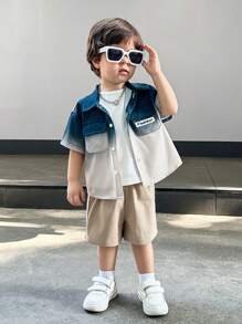 SHEIN 男婴/女婴夏季可爱渐变绿色短袖衬衫和松紧腰短裤套装 - 藍色 - 查看 5