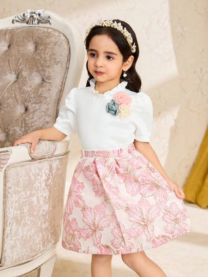 Young Girl Casual Floral Decor Short Sleeve Shirt And Skirt Set