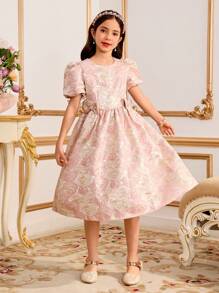 Tween Girls Elegant Jacquard Dress With Bow Decor, Suitable For Party And Events - Pink - View 4