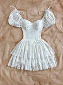 Soleia 浪漫甜美蕾丝拼布泡泡袖分层蛋糕迷你连衣裙，春夏 - 白色 - 查看 5