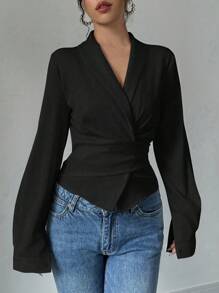 SHEIN PETITE 杏色 V 领系腰蝴蝶结优雅浪漫女士衬衫