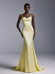 SHEIN Belle Váy dạ hội tối giản bằng vải satin màu vàng nhạt thanh lịch, váy dự tiệc cưới, hở lưng gợi cảm, đuôi cá xếp nếp, váy dạ hội trang trọng, váy dự tiệc - Màu vàng - Xem 5