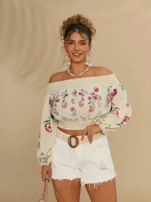 SHEIN VCAY Hơn In hoa Off Shoulder Tay áo lồng đèn Áo sơ mi - Màu be - Xem 3