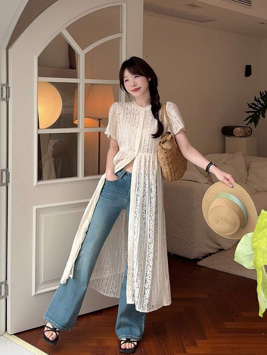 DAZY 女式休闲V领宽松中长蕾丝连衣裙太阳裙 - 杏色 - 查看 1