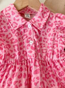 SHEIN Playful Pals Baby Girl Infant Toddler 0-3 Years Elegant Fashion Pink Leopard Print Puff Sleeve Short Sleeve Shirt Dress Cake Dress - Pink - View 7