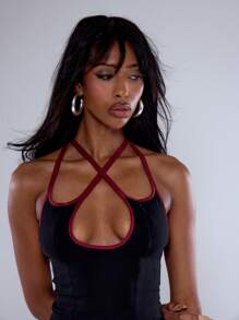 MUSERA 弹力编织对比色交叉肩带迷你连衣裙性感春夏节日 - 黑色 - 查看 5