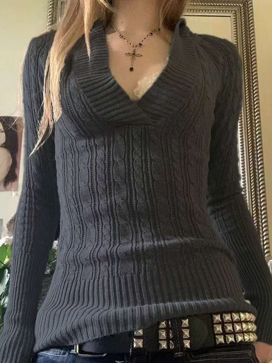 INAWLY 女士休闲百搭纯色毛衣 - 深灰色 - 查看 1