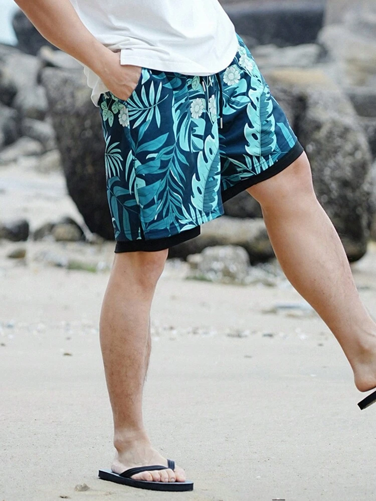Men's Plant & Floral Print Casual Shorts For Beach And Resort, Summer
