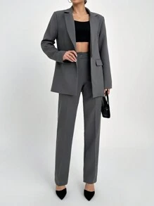 SHEIN Tall Women Solid Color Front Button Pocket Detailed Collar Neck Cardigan & Sweater Skirt Set, Tall Women - Grey - View 3