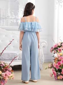 SHEIN Leap Crew Tween Girls' Off Shoulder Organza Ruched Layered Wide Leg Jumpsuit, Blue Jumpsuit, Suitable For Graduation Prom, Birthday Party, Flower Girl, Mommy And Me Matching Outfits - Dusty Blue - View 2