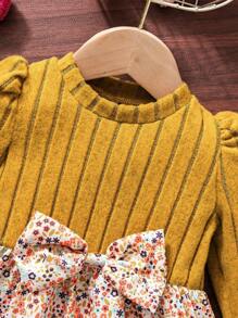 Infant Girls' Casual Ditsy Floral Long Sleeve Ribbed Knit Dress, Autumn - Yellow - View 5