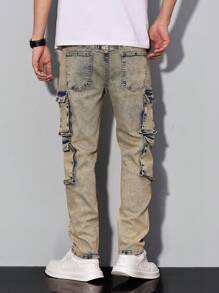 Manfinity Roughcore Men's Casual Washed Distressed Cargo Jeans - Light Wash - View 6