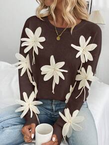 Chiquease 女士3D立体花卉手工长袖套头毛衣，秋冬针织套头衫 - 咖啡棕 - 查看 5