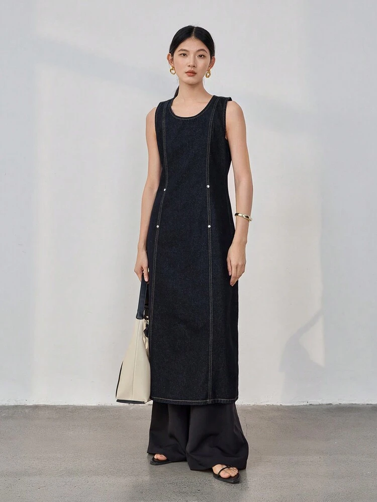 Casual Business Minimalist 3D Cut Waist Sleeveless Denim Dress For Women Maxi Dress