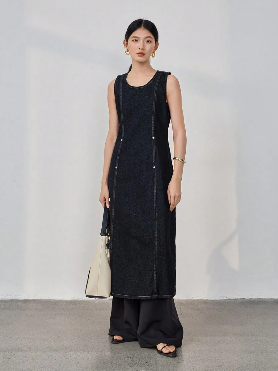 Dazy-Less 休闲商务简约3D立体剪裁腰部无袖牛仔连衣裙，女士长款连衣裙 - 黑色 - 查看 1