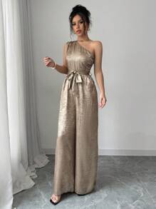 Elenzga Strapless Ruched Tie-Knot Metallic Feel Jumpsuit - Gold - View 5