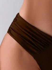 SHEIN Swim 女士纯色 V 领褶皱比基尼泳裤，适合夏季海滩度假 - 咖啡棕 - 查看 3