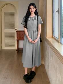 DAZY Women's Plaid Casual Color Block Mid-Length Dress,Fall Clothes