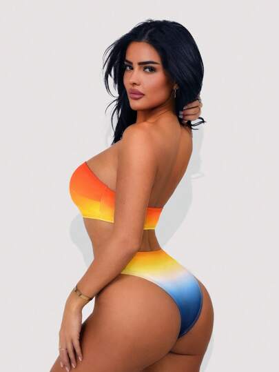 SHEIN Swim Conjunto de 3 piezas para mujer de verano: Top de bikini bandeau de color degradado, falda larga transparente, conjunto de bikini para vacaciones en la playa