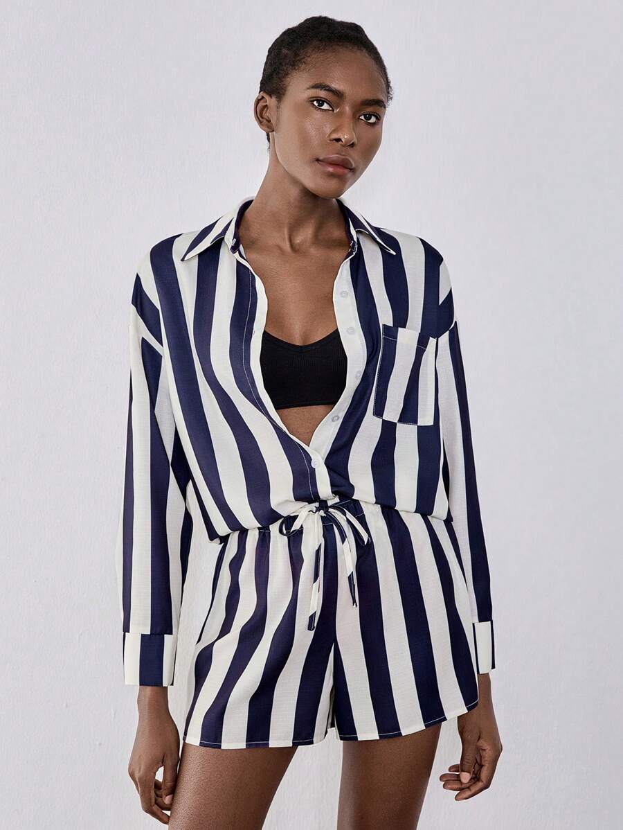 Chiquease Relaxed Holiday Style Blue Striped Shirt Top And Wide Leg Casual Pants Set, Blue & White Striped Shirt Loose Casual Shorts Set With Elastic Waist For Autumn Fall Cloth For Women