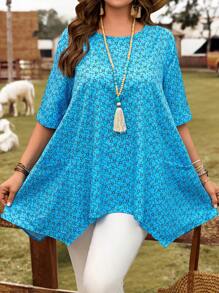 EMERY ROSE Camisa informal suelta de manga corta con cuello redondo, doble bolsillo y bajo asimétrico, con estampado floral azul tipo "ditsy" para mujer de talla grande, vestimenta occidental, atuendo de vacaciones apropiado para el verano