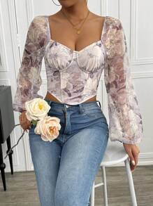 Calvaya Blusa de manga larga, de corte asimétrico, con detalles de espina de pescado, cierre con gancho y ojo, y estampado floral estilo vintage, para mujer, ideal para el Día de San Valentín