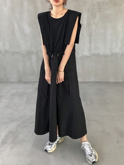 FRIFUL Women's Casual Solid Color Drawstring Waist Sleeveless Long Jumpsuit Sundress
