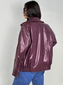 SHEIN ICON Drop Shoulder Zip Up Black PU Jacket - Rose Red - View 2