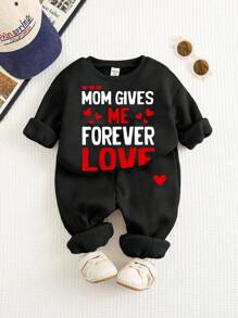 SHEIN Baby Boy Casual Minimalist Letter Pattern Knit Soft Crew Neck Sweatsuit, Thick Hoodie Outfit Set For Valentine's Day