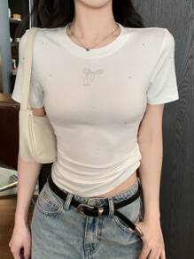 DAZY Women/Girls Casual Round Neck Plain Rhinestone Decor Short Sleeve T-Shirt