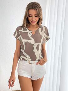 SHEIN Essnce Women's Casual Commuting Contrast Color Print Short Sleeve Blouse - Mocha Brown - View 3