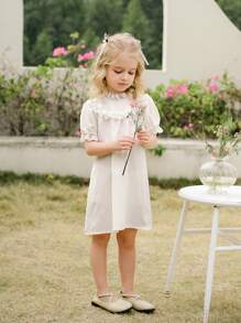 SHEIN Mädchen Retro Französischer Stil Hochkragen Blumen Spitze Puffärmel Strukturiertes langes Kleid, eleganter minimalistischer Frühling/Sommer - Aprikosenfarben - Übersicht 6