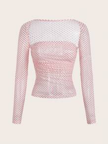 SHEIN EZwear 女士圆点印花长袖荷叶边时尚衬衫 - 彩色 - 查看 1