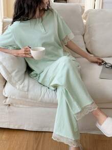 DAZY 2 件套女士条纹宽松短袖睡衣套装 - 綠色 - 查看 6