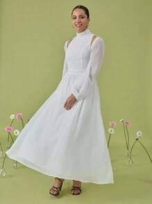 Oxana Vestido largo elegante de mujer diseñador de gasa blanca con mangas de farol y cuello alto, conjunto perfecto para el Día de San Valentín, primavera, festivales, conciertos, baile de graduación y bodas - Blanco - Ver 7